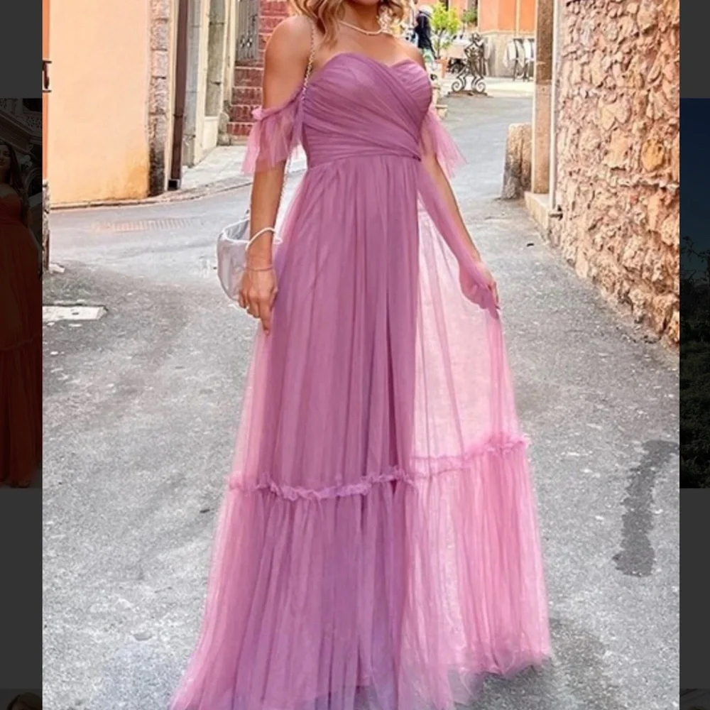 Luxe Mesh Off Shoulder Bridal Prom Formal Maxi Dress - Picture 2 of 11